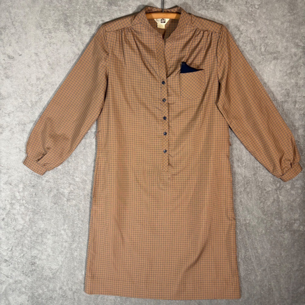 Vintage 70s Sears The Fashion Place Camel Blue Grid Bed Dress Mens USA Preppy M